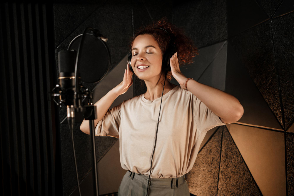 female musician in headphones recording song in modern sound studio
