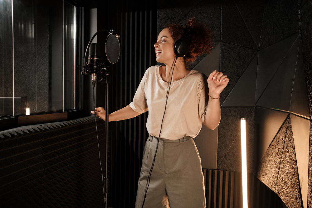 singer girl in headphones recording new song in professional studio