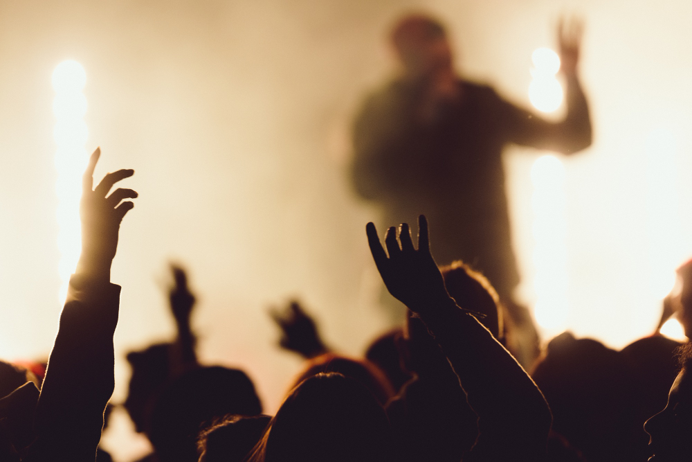 singer and fans silhouette raising hands